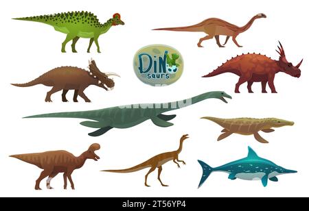 Cartoon-Dinosaurier, alte Reptilienfiguren. Prähistorische Reptilienvektorpersönlichkeiten. Figuren aus Mussaurus, Elaphrosaurus, Avaceratops und Corythosaurus, Lambeosaurus und Styracosaurus Stock Vektor