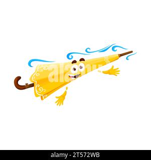 Gelbe Regenschirmfigur in Zeichentrick. Humorvoller Vektorschirm mit lächelndem Gesicht und Wind wehenden Strömen. Isolierte karikierte Umbel für Wettervorhersage, Spiel, Emoticon, die positive Emotionen und ein Lächeln vermitteln Stock Vektor