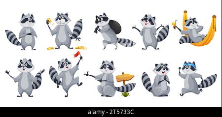 Zeichentrickfiguren des Waschbärs. Niedliche Waschbär-Tier-Vektorfiguren Set mit lustigen weißen und schwarzen Streifen. Fröhlich lächelnde Waschbären posieren, Essen stehlen, essen und rennen, zwinkern und Cocktails trinken Stock Vektor