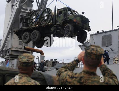 Die US Navy Marines, die dem Combat Logistics Regiment 3 zugewiesen sind, beobachten, wie ein mittlerer taktischer Fahrzeugaustausch in den Brunnen d.jpg geladen wird Stockfoto