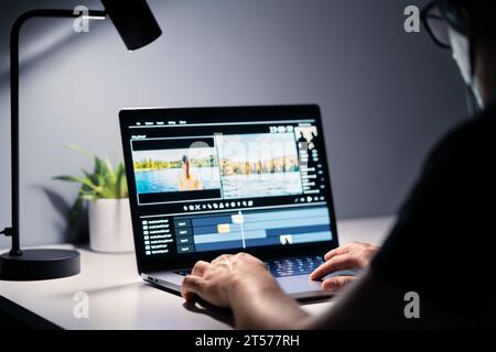 Videobearbeitung und Filmerstellung mit Editor. Content Production. Mann, der Filme mit Computersoftware bearbeitet. Videofilmer, Regisseur oder Filmemacher, die arbeiten. Stockfoto