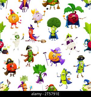 Comic Halloween-Gemüsefiguren nahtloses Muster. Geschenkpapier Druck Vektormuster mit Knoblauchfee, Brokkoli Hexer, Rübenmagier, Gurke und Tomatenpirate, Auberginen Zombie nette Persönlichkeit Stock Vektor
