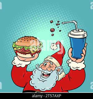 Santa Claus und Fast Food. Köstliches Essen für Neujahrsfeiern. Ermäßigungen im Restaurant am Vorabend des Urlaubs. Comic-Comic-Pop-Art-Retro Stock Vektor