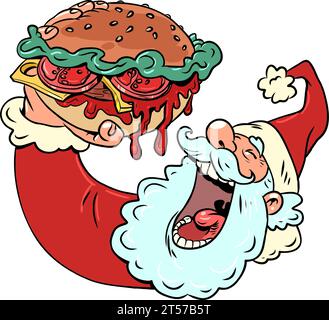 Weihnachtsmenü für Fast-Food-Restaurants. Der weihnachtsmann isst einen saftigen Burger. Exklusive saisonale Angebote für Kunden im Bereich Lieferung. Comic-Auto Stock Vektor