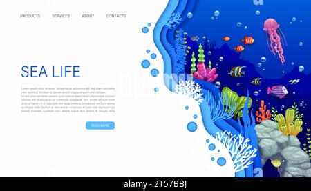 Landingpage, Unterwasserpapierschnitt oder Meereslandschaft mit Fischen und Algen, Vektor-Website-Vorlage. Unterwasserwelt oder Ozean Korallenriff Landing Page oder Web Hintergrund mit Papercut Quallen Stock Vektor