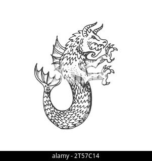 Mittelalterliche heraldische Tiermonsterskizze. Mythisches Tier, Legende Bestie oder Mythologie Seedrache königliche Heraldik Sketch Vektor Insignien. Wappen der magischen Kreatur, handgezeichnetes Wappen der Geschichte, heraldisches Emblem Stock Vektor