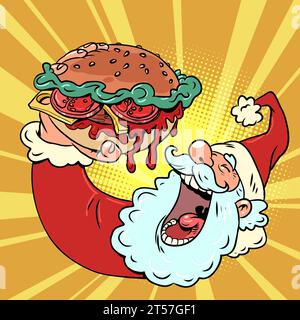 Weihnachtsmenü für Fast-Food-Restaurants. Der weihnachtsmann isst einen saftigen Burger. Exklusive saisonale Angebote für Kunden im Bereich Lieferung. Comic-Auto Stock Vektor