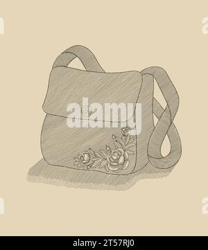 Handtasche mit Rosenblütenmotiv, Vintage-Illustration im Zeichenstil Stock Vektor