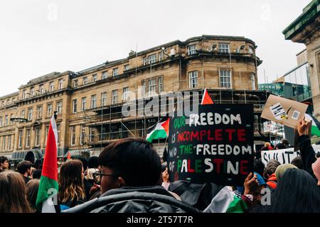 Newcastle upon Tyne, England, Großbritannien - 28. Oktober 2023. Menschenmassen halten pro-palästinensische Schilder und wehen Flaggen beim waffenstillstandsmarsch in Gaza am Grey's Monument. Stockfoto