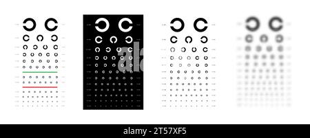 Satz von Landolt C Auge Test Diagramm gebrochene Ring medizinische Illustration. Japanische Vision Testlinie Vektor Skizzenstil Umriss isoliert auf weißem, schwarzem Hintergrund. Sehtafeloptometristestuntersuchung Stock Vektor