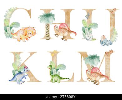 Dinosaurierbriefe in Aquarellen für Einladungskarten, Kinderplakate und andere. Stockfoto