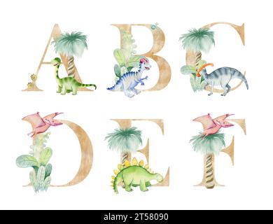 Dinosaurierbriefe in Aquarellen für Einladungskarten, Kinderplakate und andere. Stockfoto