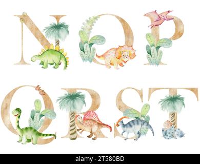 Dinosaurierbriefe in Aquarellen für Einladungskarten, Kinderplakate und andere. Stockfoto