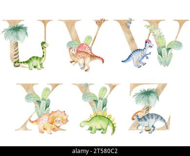 Dinosaurierbriefe in Aquarellen für Einladungskarten, Kinderplakate und andere. Stockfoto