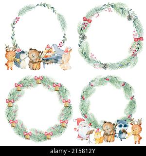 Weihnachtskarte. Aquarell Winterkranz mit Tieren spielen Musikinstrumente. Stockfoto