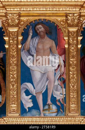 Cristo risorto, vor allem dal Polittico con Madonna Col Bambino, Cristo risorto e Santi - olio su tavola - Andrea Previtali e Agostino Facheris - 152 Stockfoto