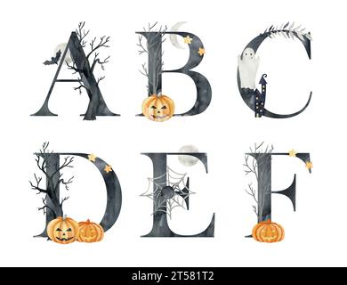 Aquarell halloween Briefe für Einladungen, Grußkarte, Geburtstag, Logo, Poster und andere. Stockfoto