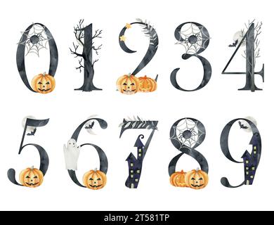 Aquarell halloween Nummern für Einladungen, Grußkarte, Geburtstag, Logo, Poster und andere. Stockfoto