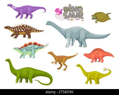 Dinosaurier-Zeichentrickfiguren. Im Jura ausgestorbenes Tier, Paläontologie-Comic-Vektor-Reptil. Eoraptor, Henodus, Lotosaurus und Melanorosaurus, Shunosaurus, Haplocanthosaurus lustige Dinosaurier-Persönlichkeiten Stock Vektor