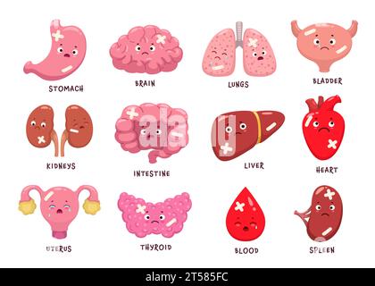 Cartoon kranke Körper Organfiguren. Verletzte und ungesunde Organfiguren des Vektorhirns, des Herzens, des Blutes und der Leber, der Nieren, des Magens, Milz und Blase, Darm, Uterus, Lunge und Schilddrüse Stock Vektor