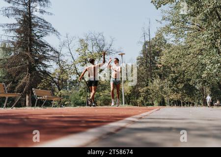 Sportbekleidung, Paar Joggen und Laufen in einem Park. Sie genießen Outdoor-Training in der natürlichen Umgebung, motiviert durch positive Ergebnisse und starke Muskeln. Stockfoto