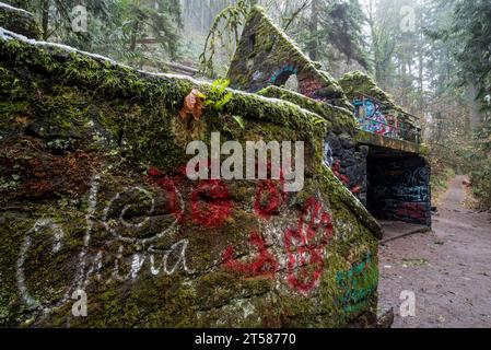 Altes öffentliches Bad, bekannt als „Witch's Castle“, im Portland Oregon Forest Park. Stockfoto