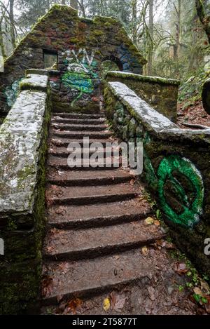 Altes öffentliches Bad, bekannt als „Witch's Castle“, im Portland Oregon Forest Park. Stockfoto