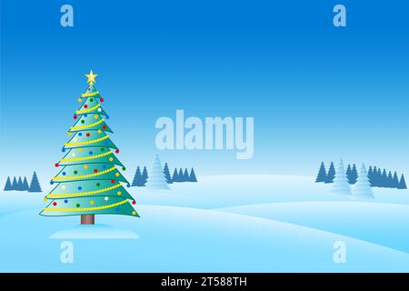 Weihnachtsbaum mit Ornamenten und einer Girlande mit einer verschneiten Landschaft - Illustration Stockfoto