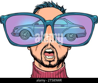 Ein verlockendes Angebot in einem Autohaus. Riesige Brille und Reflexion in ihnen. Ein Mann mit Brille sieht sich das Auto an. Comic-Comic-Pop-Art-Retro-Vektor krank Stock Vektor