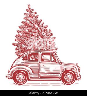 Handgezeichnetes Retro-Auto und Tannenbaum mit Dekorationen im skizzenhaften Vintage-Stil. Weihnachten, Neujahr Vektor Illustration Stock Vektor