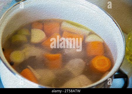 Kochen von Brühe mit Hähnchenstücken und Gemüse im Topf, Bild mit Ölmaleffekt Stockfoto