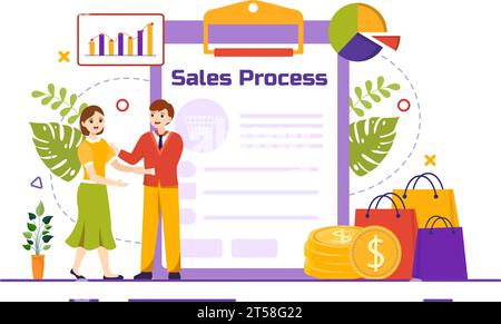 Vektor-Illustration des Vertriebsprozesses mit Kommunikationsschritten zur Gewinnung neuer Kunden und Gewinngewinnung in der Geschäftsstrategie flacher Hintergrund Stock Vektor