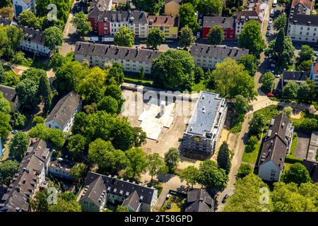 Luftansicht, Baustelle mit Neubau und Kindergarten, Markscheide Ecke Hüttmannstraße, Altendorf, Essen, Ruhrgebiet, Nord-Rhi Stockfoto