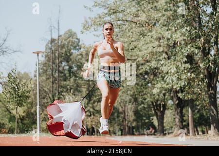 Passen Sie ein paar Athleten, die in einem Park sprinten, und verwenden Sie einen Fallschirm für Outdoor-Training. Motiviert und genießt ihr Workout in der natürlichen Umgebung. Stockfoto