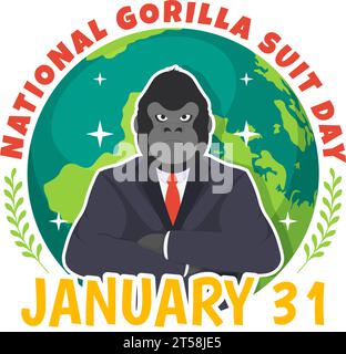 National Gorilla Suit Day Vektor Illustration am 31. Januar mit hat der Kopf eines Gorillas ist ordentlich in einem Anzug und Weltkarte im Hintergrund gekleidet Stock Vektor