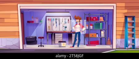 Junger Mann steht am Eingang der Garage mit Rack und Wandplatte zur Aufbewahrung, Arbeitsgeräten und Autoreparaturelementen. Karikaturvektor-Illustration von Carport und Lagerraum Innenraum mit Instrumenten. Stock Vektor