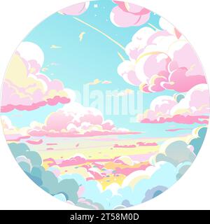 Grafik Illustrated Wolken Himmel Kreis Fenster Ansicht Märchen Fantasy Himmel Farben rosa Vektor Stock Vektor