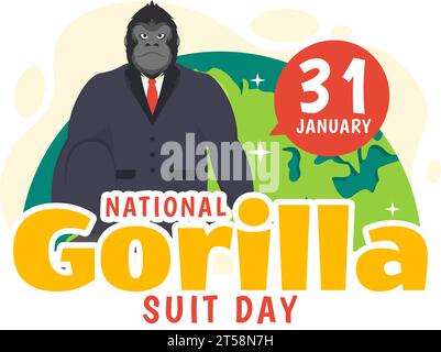 National Gorilla Suit Day Vektor Illustration am 31. Januar mit hat der Kopf eines Gorillas ist ordentlich in einem Anzug und Weltkarte im Hintergrund gekleidet Stock Vektor