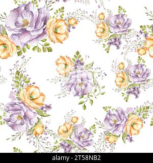 Zarte Rosen, hellorange Mohnblumen, Zierzweige und Blätter. Nahtloses Muster. Sträuße Aquarellillustration auf weißem Hintergrund. In Stockfoto