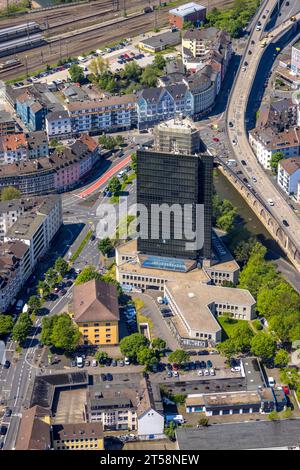 Luftaufnahme, Dacharbeiten in einem Arbeitshochhaus, Mittelstadt, Hagen, Sauerland, Nordrhein-Westfalen, Deutschland, Agentur für Arbeit, C Stockfoto