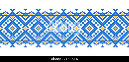 Ukrainische Verzierung für Textil, Stoff, Stoff. Nahtloses Vektormuster, Drucken. Ukrainisches Volk, ethnische Ornamente in gelben und blauen Farben. Pixelbild Stock Vektor