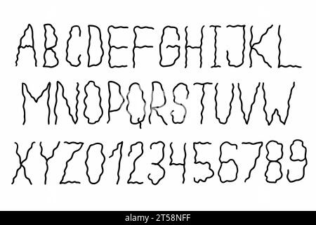 Welliges, geschweiftes schwarzes englisches Alphabet abc lateinische Schriftart A bis Z und Ziffern 0 bis 9 gesetzt. Vektor-Illustration in Doodle Hand geschrieben Stil isoliert auf weißem Rücken Stock Vektor