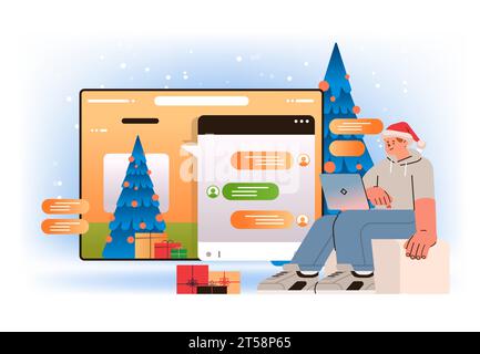 Mann in santa hat Dialog in Computer App Chatbot Unterstützung Kundenservice Konzept Neujahr Feiertage Feier Stock Vektor
