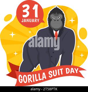 National Gorilla Suit Day Vektor Illustration am 31. Januar mit hat der Kopf eines Gorillas ist ordentlich in einem Anzug und Weltkarte im Hintergrund gekleidet Stock Vektor