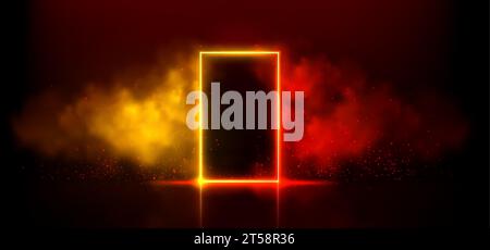 Neonlichttür auf schwarzem Hintergrund. Realistische Vektor-Illustration des rechteckigen Rahmenportals auf der Nachtclub-Bühne mit rotem, orangefarbenem, gelbem Rauch, Reflexion auf dem Boden, funkelnde Partikel, die in der Luft leuchten Stock Vektor