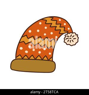 Roter Weihnachtsmann Hut auf weißem Hintergrund. Bunte Vektor isolierte Illustration Hand gezeichnet Doodle Symbol mit Kontur. Silvester-Kopfschmuck, Weihnachten gemäß Stock Vektor