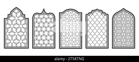 Ramadan Fenster und Tür mit Muster. Arabische Bogenvektorform in der Moschee. Arabesk-Bogenrahmen mit Ornament. Stock Vektor