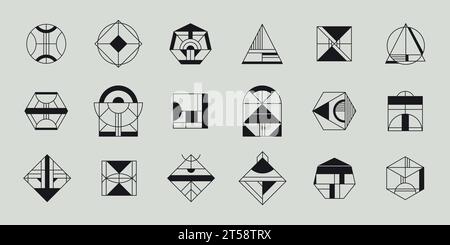 Vektorsatz mit Logos in geometrischer Form, Hipster- und Art-Deco-Linienzeichen. Minimale Schilder, Designelemente, Bögen, Kreise und Sechsecke Stock Vektor