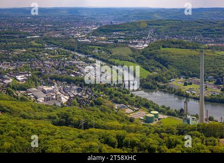 Blick aus der Luft, Ruhr-Aue-Viertel mit Ruhrpromenade, Ruhrviadukt Herdecke, Ruhr-Fluss, Blick über Herdecke, Kraftwerk Cuno, Herdecke, Ruhrgebiet, NOR Stockfoto