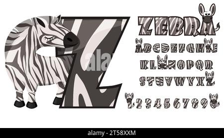 Niedliches Zebraset mit vollem Alphabet und Zebrazahlen für Geburtstagsfeiern, Kinderbildung, Ornament, Element Stock Vektor